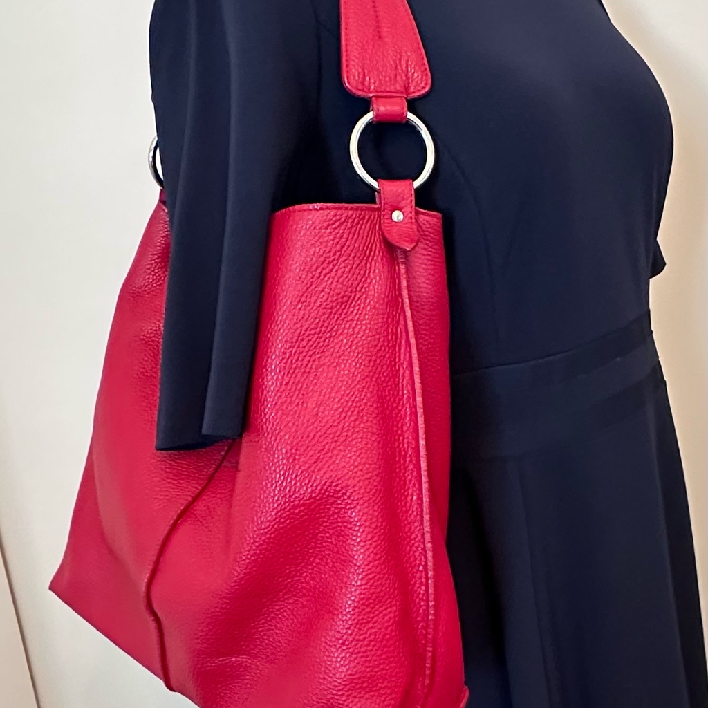 Furla Large Red Pebble Leather Hobo Bag W/Silver Tone Accents.